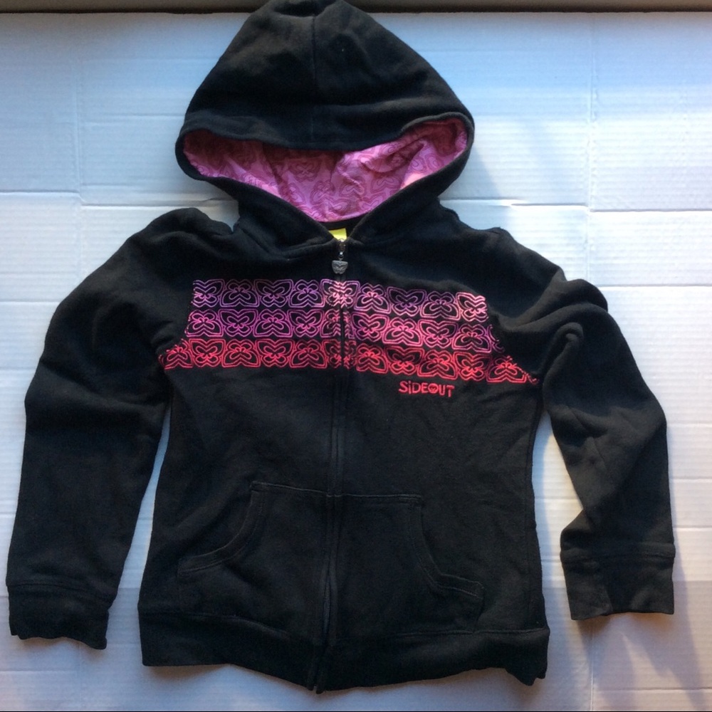 Sideout Girls Y2K Black Pink Graphics Butterflies Zip Up Hoodie Sweatshirt M